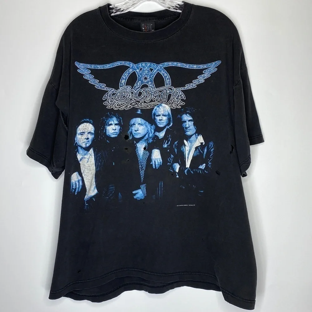 Vintage Giant Aerosmith 1997 Nine Lives Black Band Tee XL Thrashed